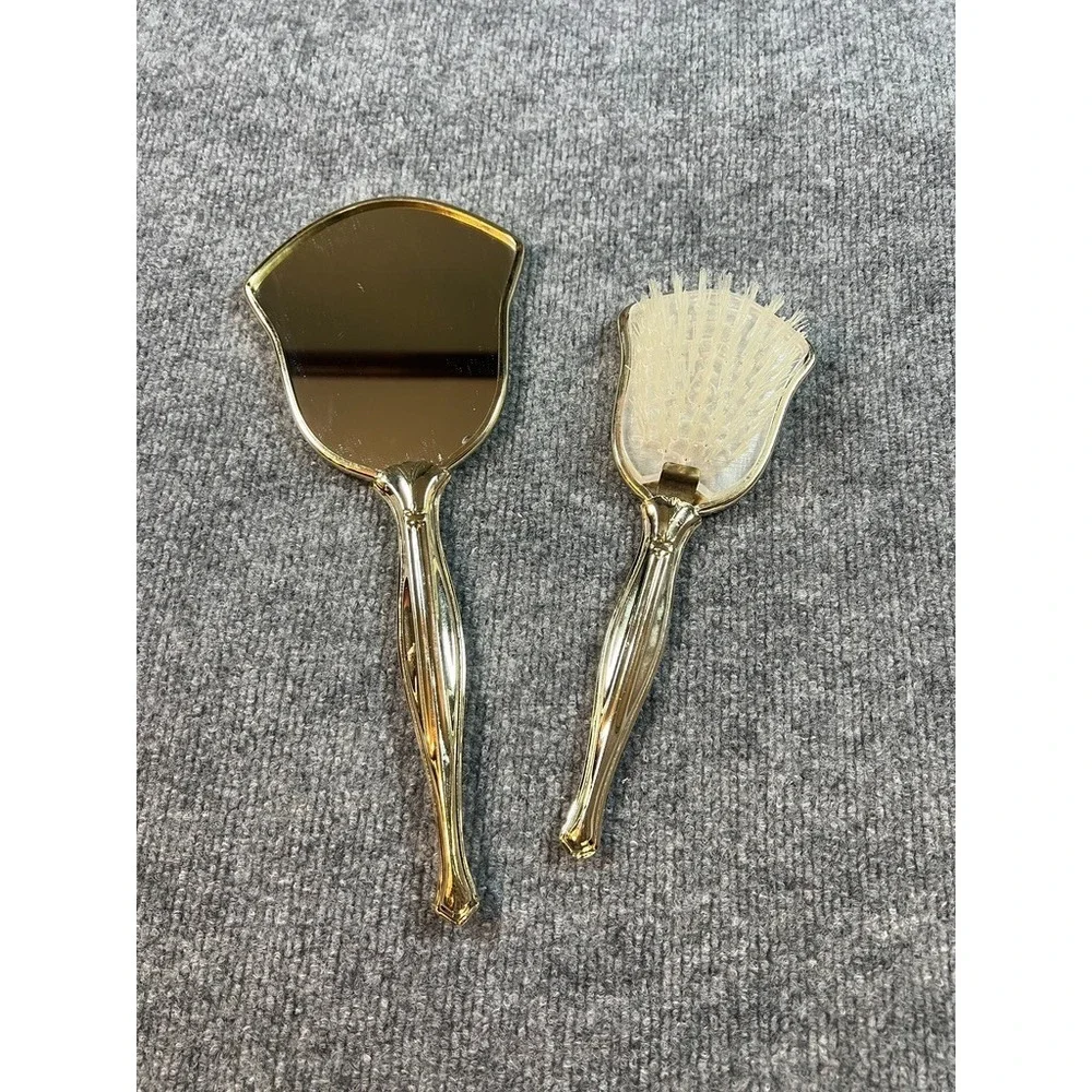 Vintage Gold Vanity Hand Mirror & Brush Set Floral Brocade Back Mid Century Boud